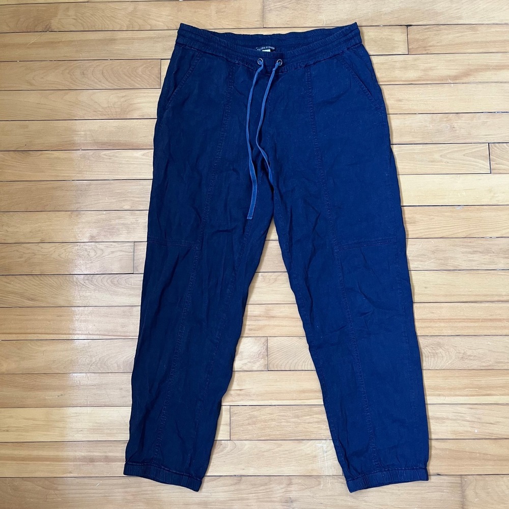 Eileen Fisher Navy Blue Linen Viscose Blend Drawstring Jogger Pants Womens Small